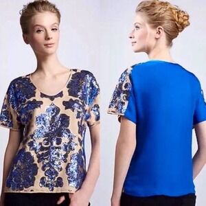 New Tracy Reese Neimam Marcus Target Top Womens XS Short Sleeve Sequin Blue Gold